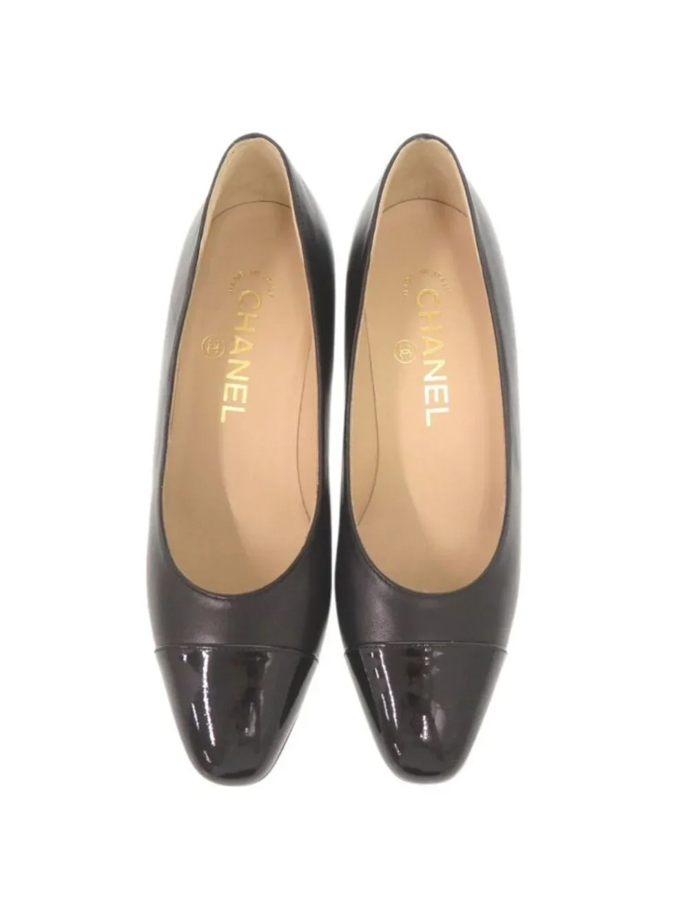 Chanel CC Logo 35c Leather Patent Black Pumps Heel